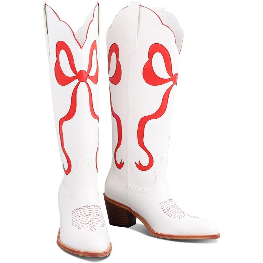 Women Red Faux Leather Western Cowboy Boots Chunky Heel Comfortable Mid Calf